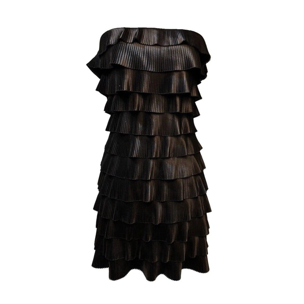 Vintage Express Black Pleated Tiered Strapless Mini Cocktail Dress Size 6 Y2K